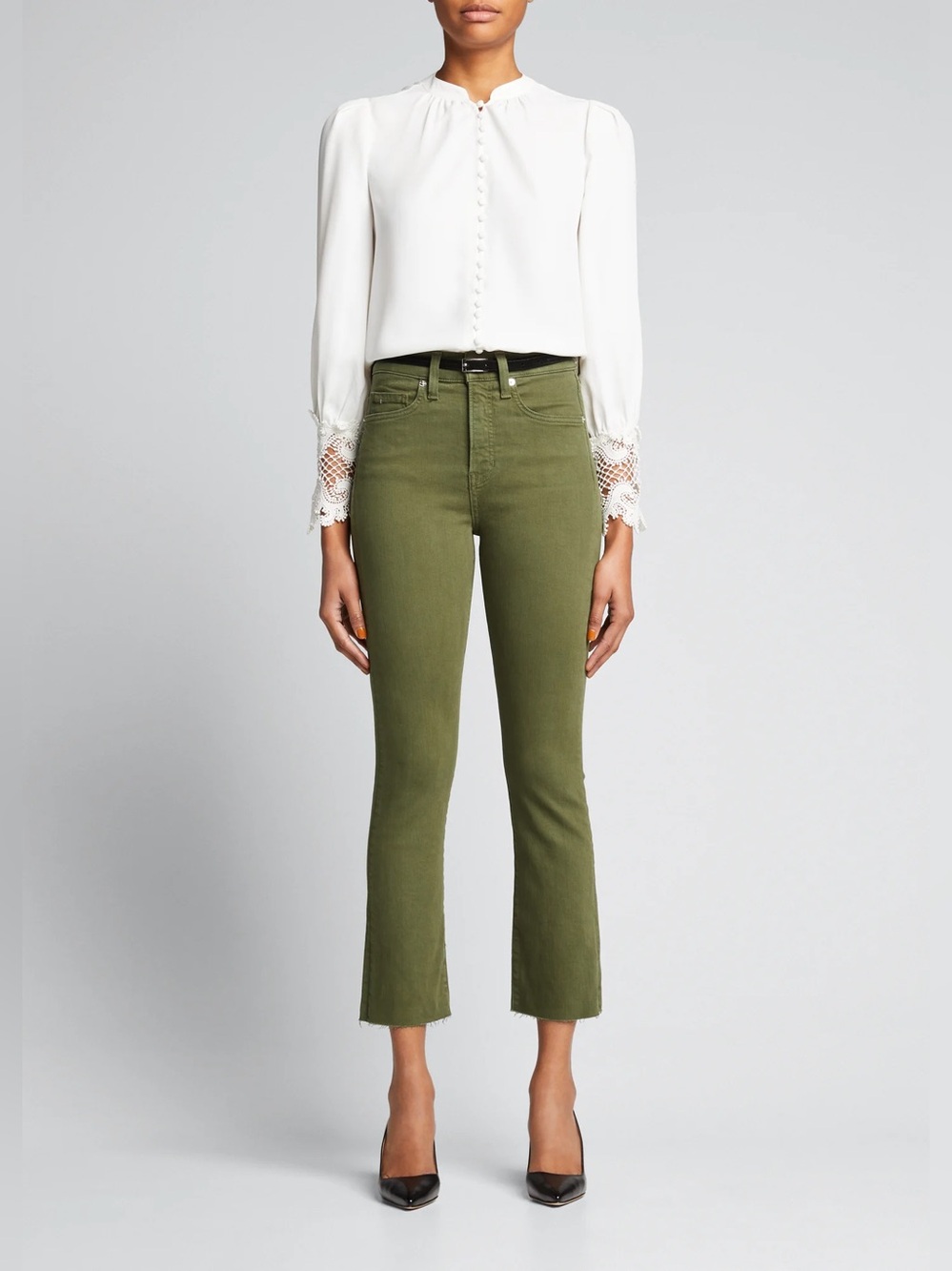 Veronica Beard Carly High-Rise Kick Crop Flare Jeans Green Olive Size 26